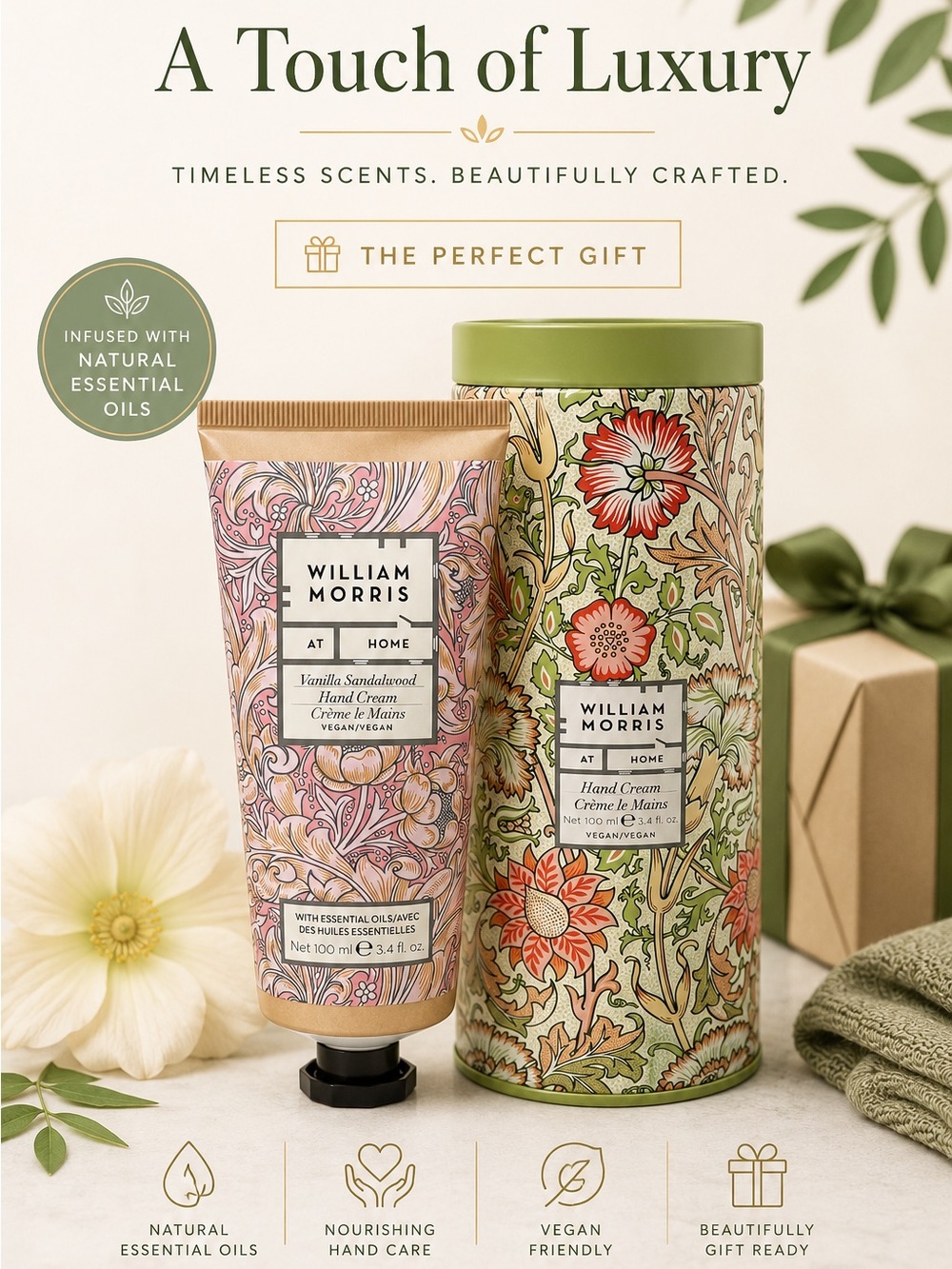 William Morris at Home Vanilla Sandalwood Hand Cream 3.4 oz Gift Tin | Vegan New